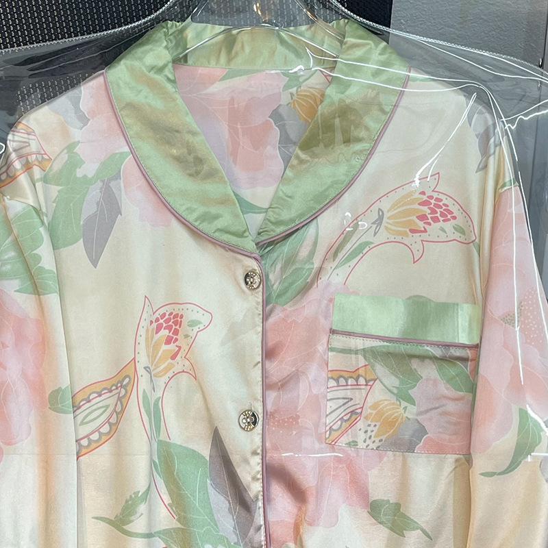 High-Value Long-Sleeved Pajamas For Women'S Spring And Summer New Small Fresh Lotus Flower Silky Loungewear Set, Real Shot