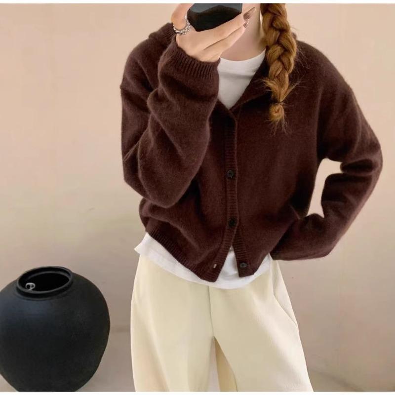 New autumn and winter simple retro hooded single-breasted knitted jacket women's plush casual knitted cardigan women's