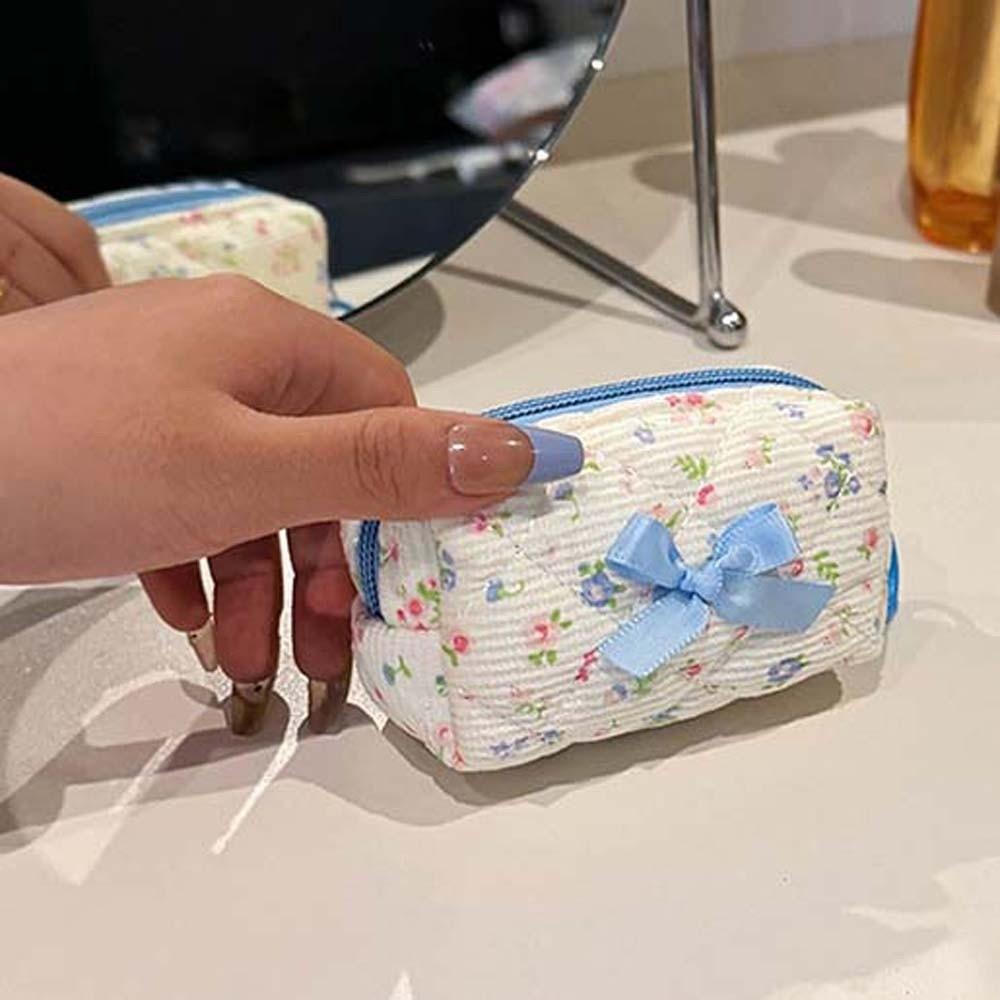 Embroidered Bowknot Quilted Cosmetic Pouch Floral Print Small Coin Purse Teenage Girls
