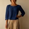 Damen Freizeit Bluse Lockere Passform Rundhals Faltenfront Hemd Dreiviertel Ärmel Leichtes Oberteil für den Alltag