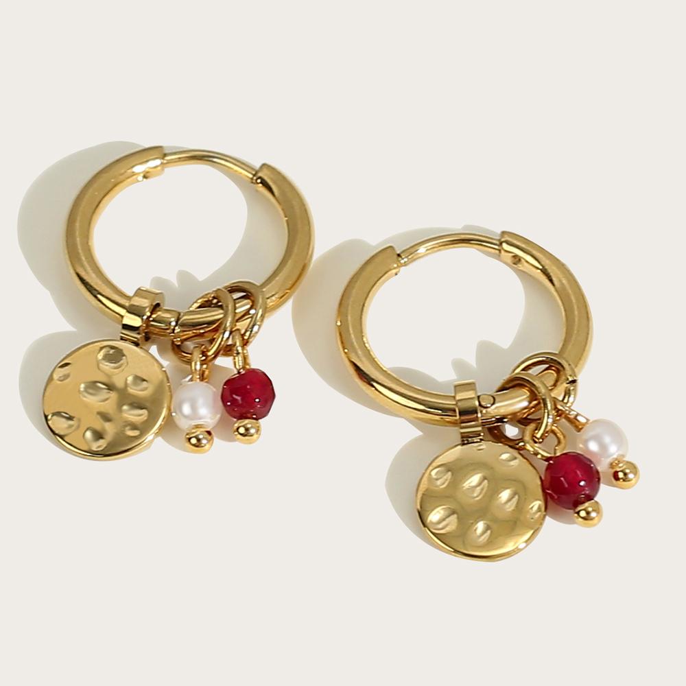 

YACHAN Gold Plated Stainless Steel Hoop Earrings for Women Metal Irregular Texture Natural Stone Charms Trendy Jewelry
