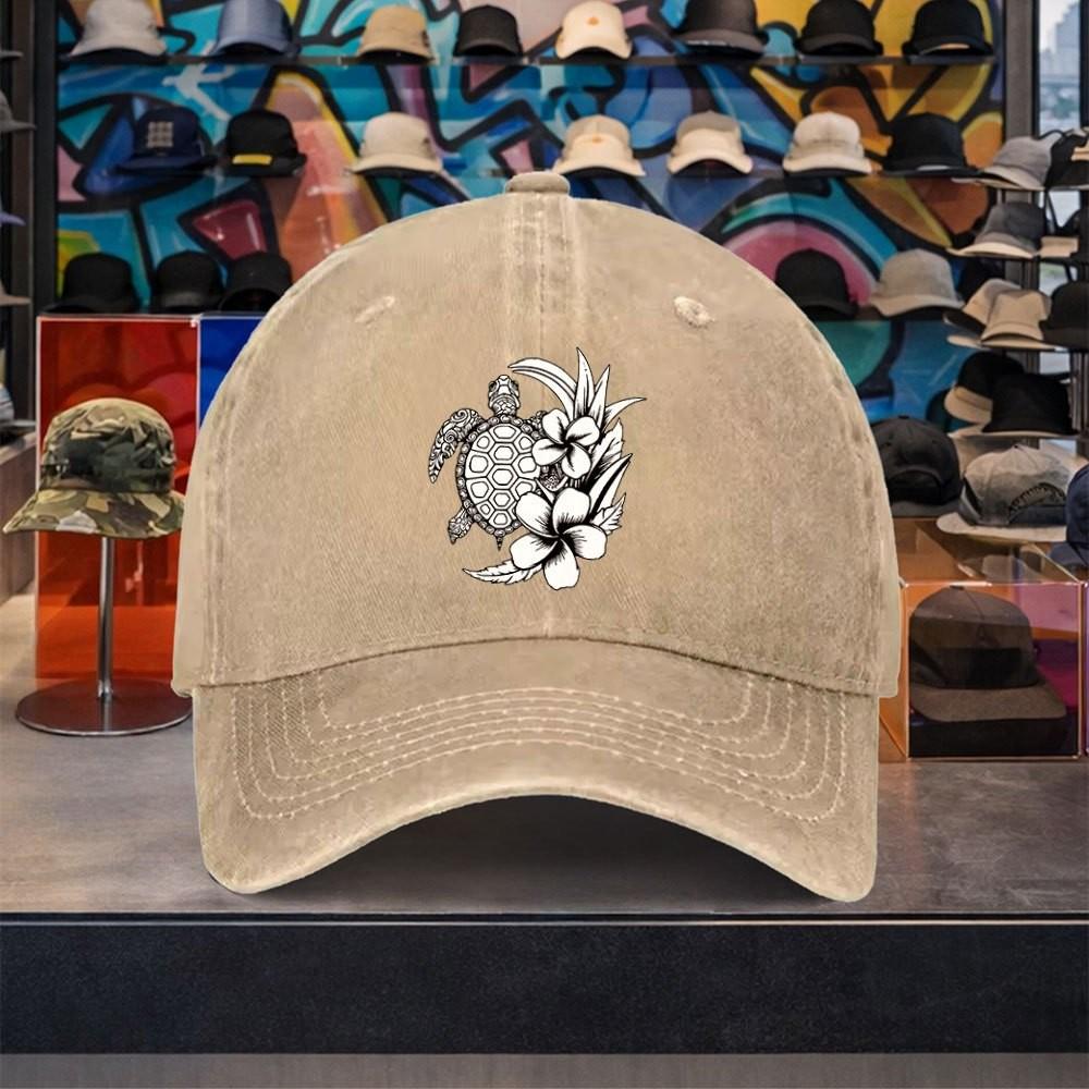 Sea Turtle Floral Washed Baseball Cap Adjustable Cotton Outdoor Casual Unisex Adult Hat