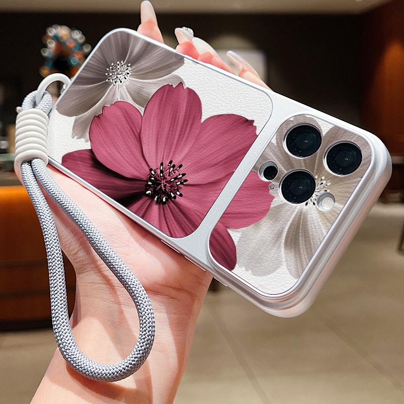 Floral Pattern Leather Lanyard Case For iPhone 18 Pro Max 17 16 15 14 13 Pro Max Luxury Hybrid TPU+PU Anti-skid Soft Phone Cover