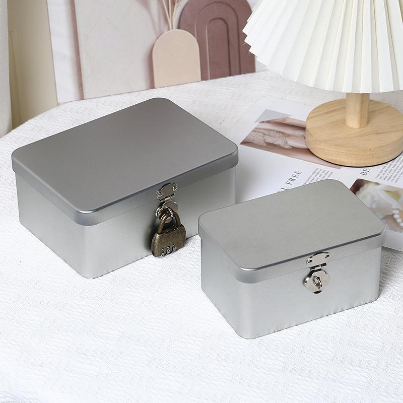 Silver Lockable Tin Storage Box Multifunctional Desktop Storage Box Metal Box Jewelry Storage Empty Box