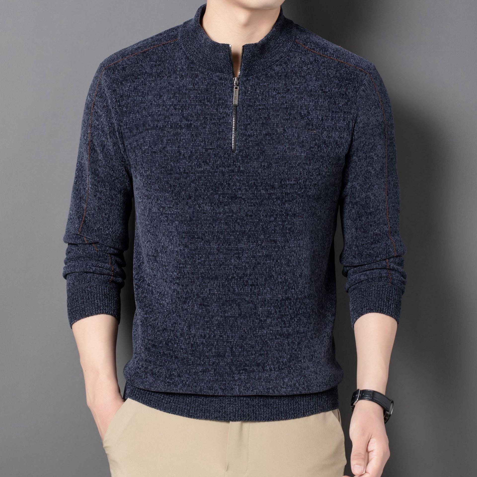 CHIC STUDIO Heren Velvet Chenille Heren Trui Winter Nieuw Heren Halve Rits Verdikte Warme T-shirt Effen Kleur Onderhemd M