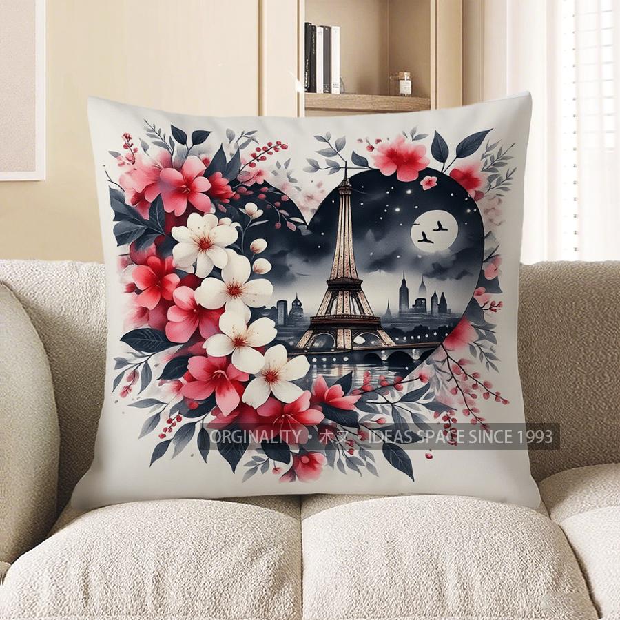 Home Decor Floral Heart With Eiffel Tower Throw Pillow Pattern Cushion Cover Suitable For Sofa Bedroom Car Pillow Cover