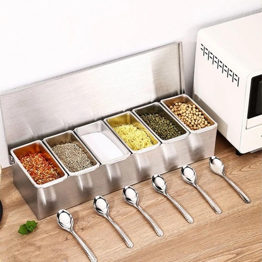 Stainless Steel Seasoning Box 3/4/5/6 Gird with Lid Kitchen Spiece Storage Box Easy to Clean Removable