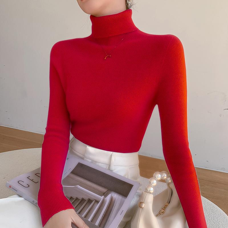 Women's Slim-Fit Ribbed Cashmere Sweater - Solid Color, High-Neck, Knitted Top for Autumn/Winter