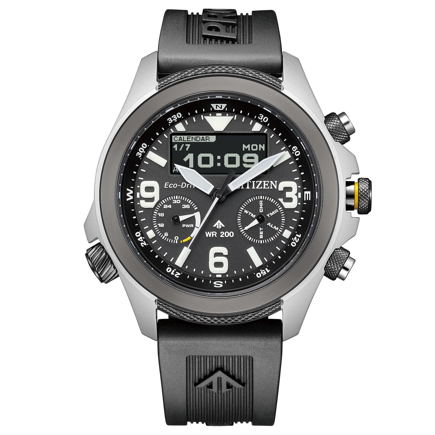 

Водонепроникний уретановий чорний годинник Promaster Light Powered Series LAND [Citizen] Eco-Drive Ana-Digi JV1007-07E для чоловіків срібний