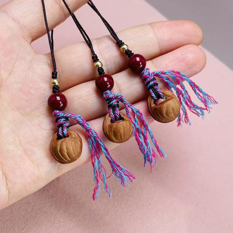 

Peach Wood Phone Lanyard with Cinnabar Pendant, Hand-Woven Phone Chain & Keychain Rope