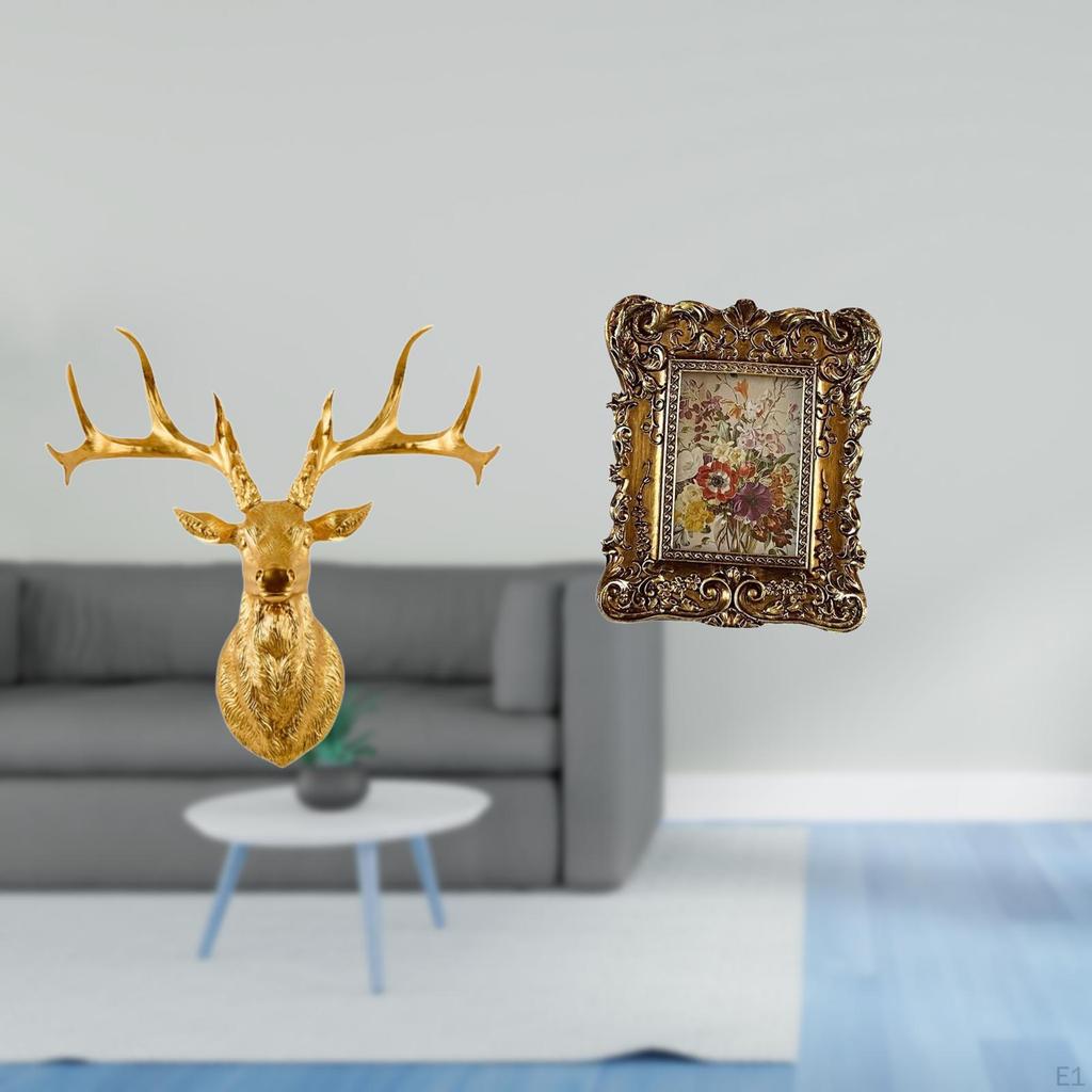 Boho Resin Deer Head Sculpture And Hand Carved Floral Photo Frame Collectible Artwork for Office