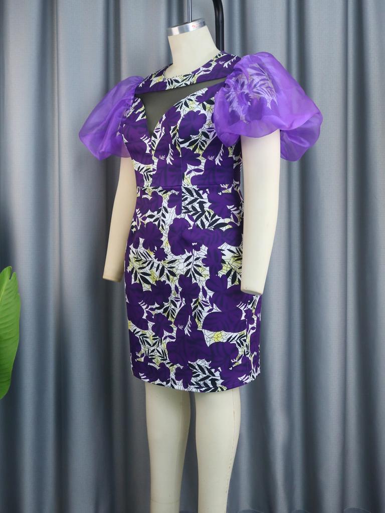 AOMEI Rochii florale imprimate pentru femei, sexy, transparente, decupate din plasă, mini rochii cu mâneci bufante, evenimente, ocazii formale, petrecere, ținută de vară