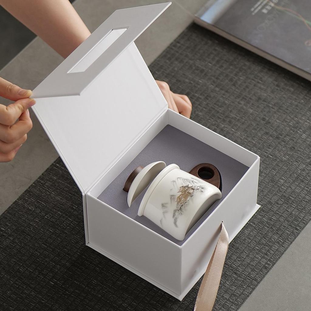 Dehua White Porcelain Tea & Coffee Mug with Lid - Ceramic Cup for Tea & Water Separation, Ideal for Office & Personal Use.