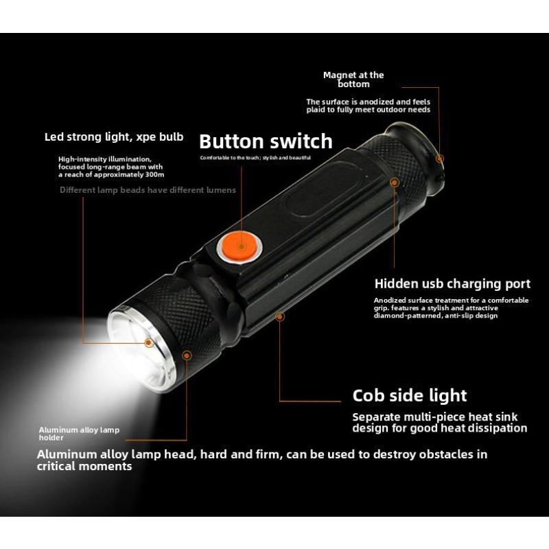 Super Bright T6+COB LED Flashlight - Rechargeable Magnetic Work Lamp, Telescopic Zoom & Long Battery Life Emergency Torch