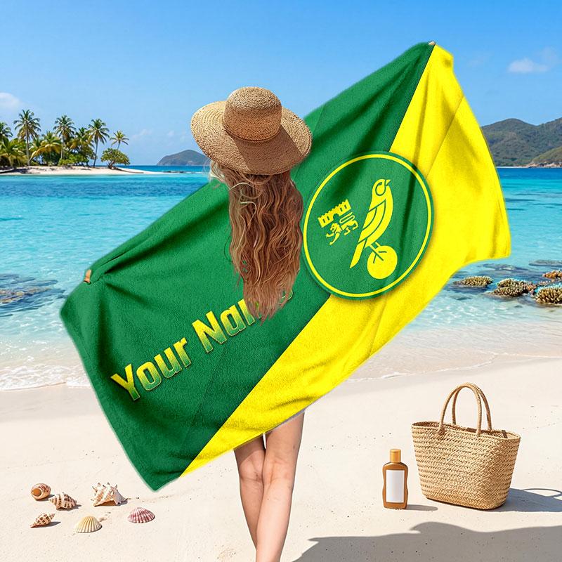 Norwich City Custom Beach Towel, Personalized Name Text Print, Football Logo Soft Quick‑Dry Towel Holiday Gift
