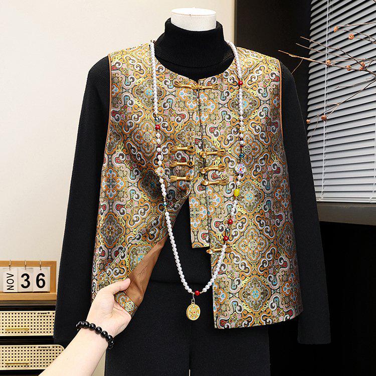 

2026 New Chinese Spring Vest for Mothers - Floral Top for Middle-aged Women, Spring/Autumn National Style. 3XL жёлтый
