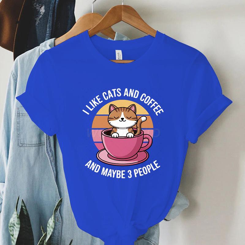 Kawaii Cat Coffee Lover T Shirt I Like Cats and Coffee Classic Top Tees Crew Neck Summer Clothes Coffee Lover Gift Cat Mom Shirt