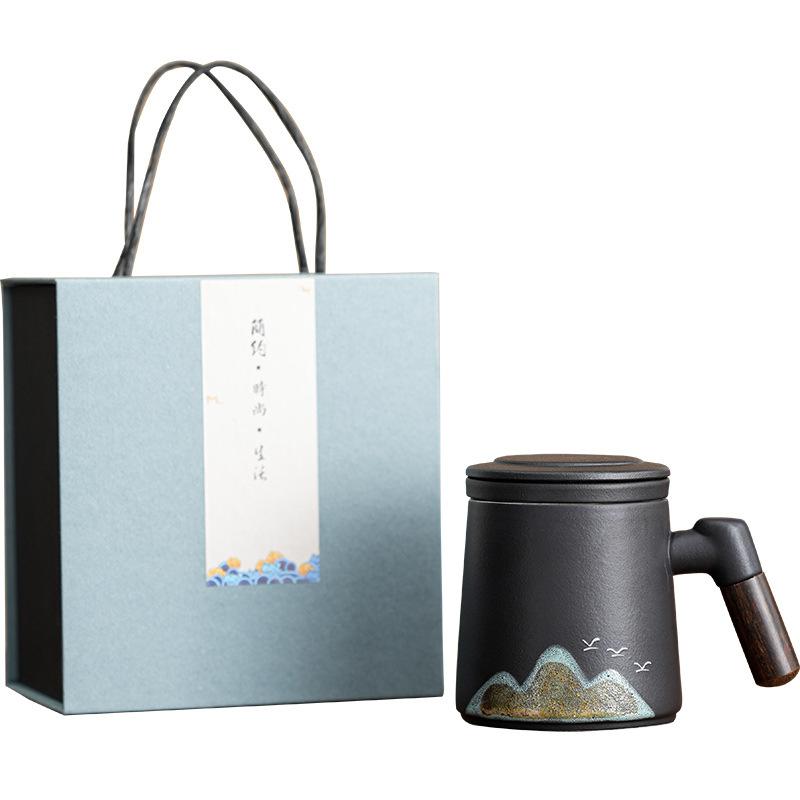 Company business retro coarse pottery Qingshan flying bird teacup set ceramic office cup annual meeting gift practical souvenir