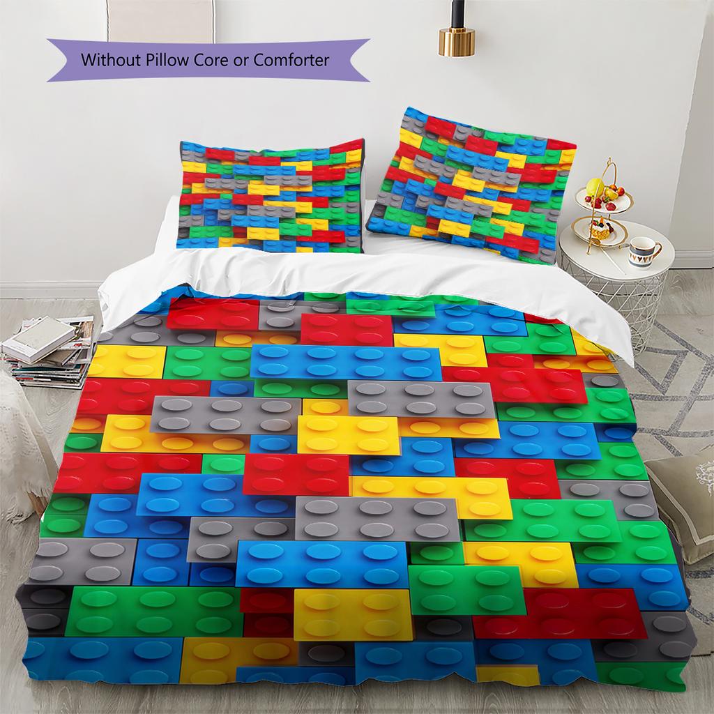 Building Blocks Pattern Bedding Quilt Set Quilt Cover Pillowcase Home Decoration Gift (1 * Duvet Cover + 2 * Pillowcase, Without Core)