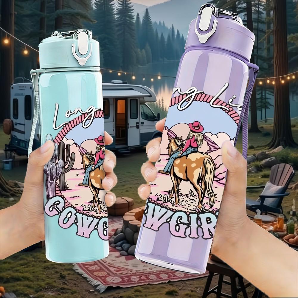 1PC Cowboy Circular Badge Vintage Pattern 750ml Color Plastic Sports Water Bottle Leakproof Flip Straw Lid Suitable for Sports Office Home Use