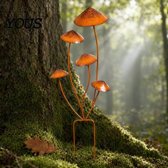 Outdoor Decorative Yard Art Metal Mushroom Garden Stake, Retro Mushrooms Statue, Style Set Stake Plant Sculpture for Lawn Planter Decor Fade Resistant