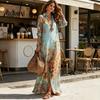 Retro Sjaalprint Jurk Dames Boho Geprinte Blouse Maxi Jurk, 3/4 Mouw Knopen Pear Vorm Flatteus Lang Zomer Casual Los Vallend Strand