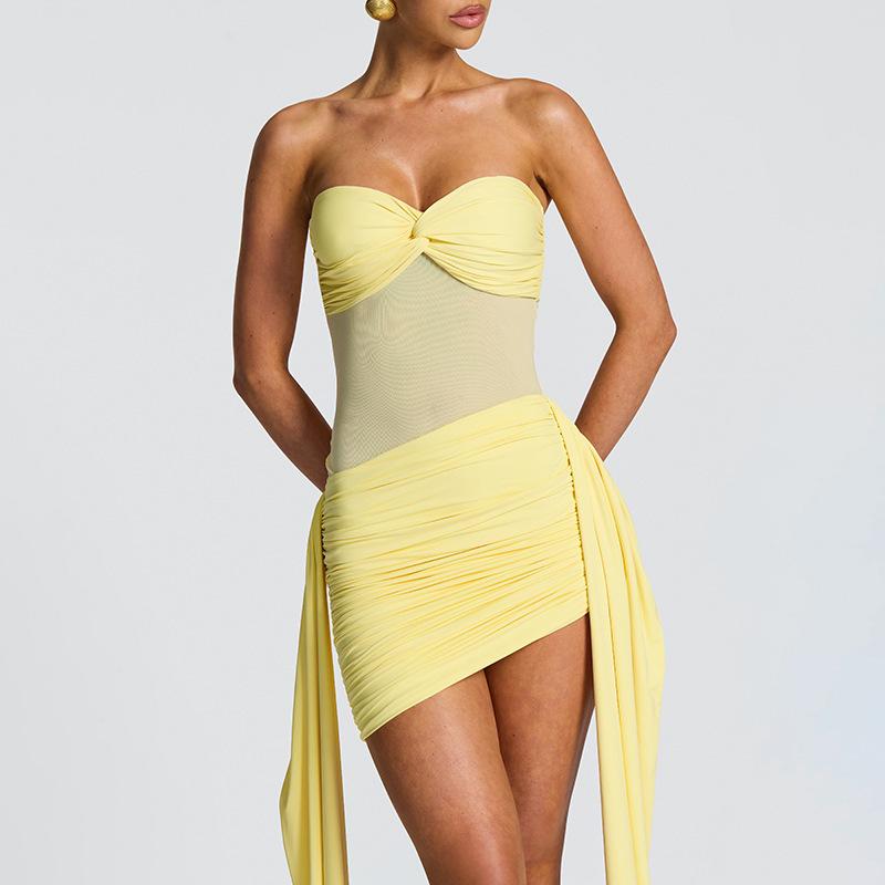 Mesh Splicing Temperament Streamer Tube Top Skirt, Summer European and American Solid Color Dress Women's Clothing