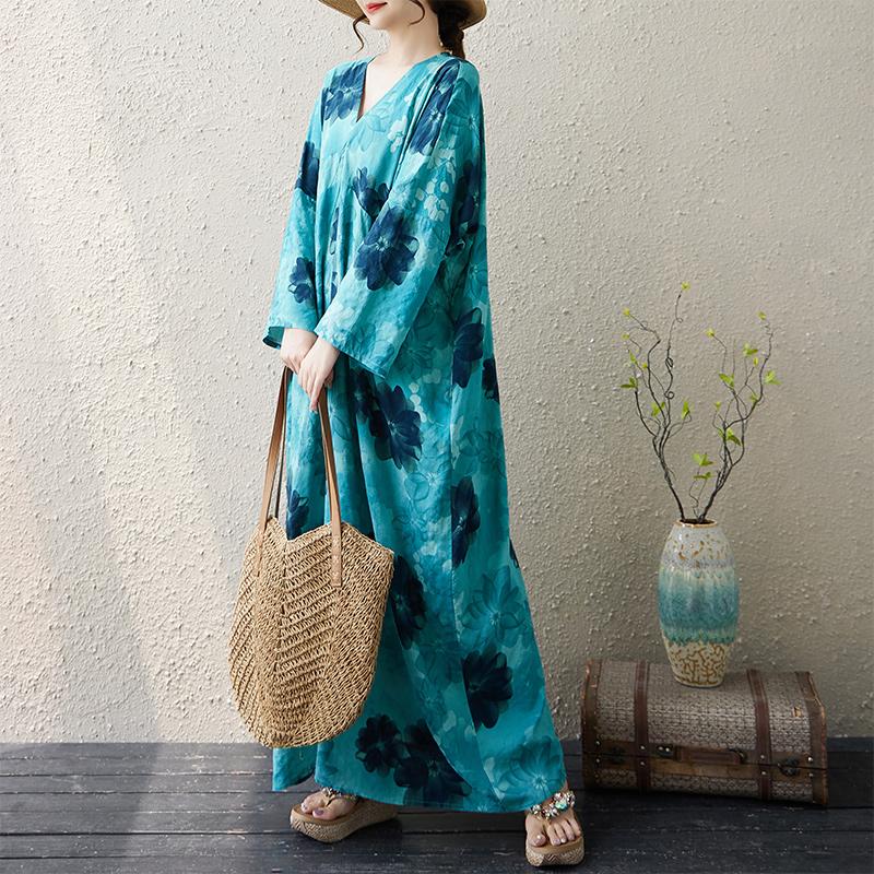 Dimanaf 2025 Women Plus Size Spring Long Dress Loose Basic Printing Vintage Casual Floral Oversize Long Sleeve Maxi