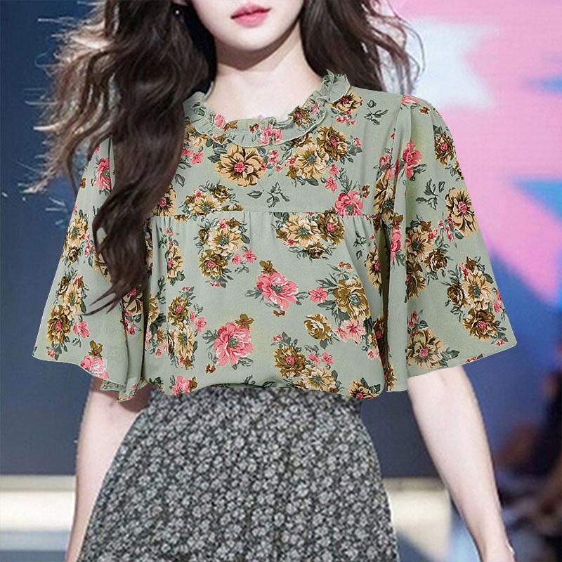 

VONDA Summer Women Short Sleeve Print Semi-Sheer Patchwork Casual Holiday T-shirts Tops 5XL зелёный