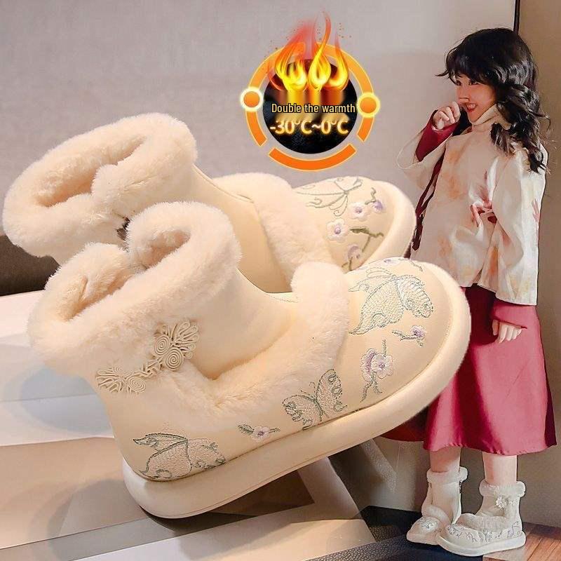 Girls' Hanfu Cotton Boots - 2026 New Flower Embroidery, Chinese-Style Soft Sole, Short Fairy Boots