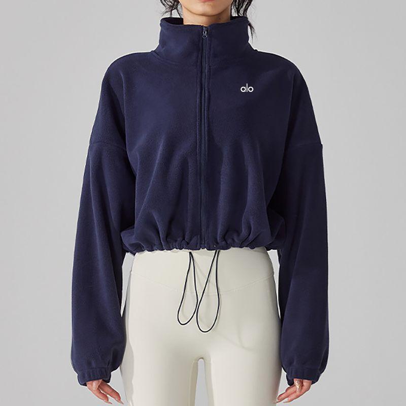 

Aloneadv American Berber Fleece Sports Yoga Outerwear Women Winter Stand Collar Loose Long sleeve Fleece-lined Warm Top Navy blue L