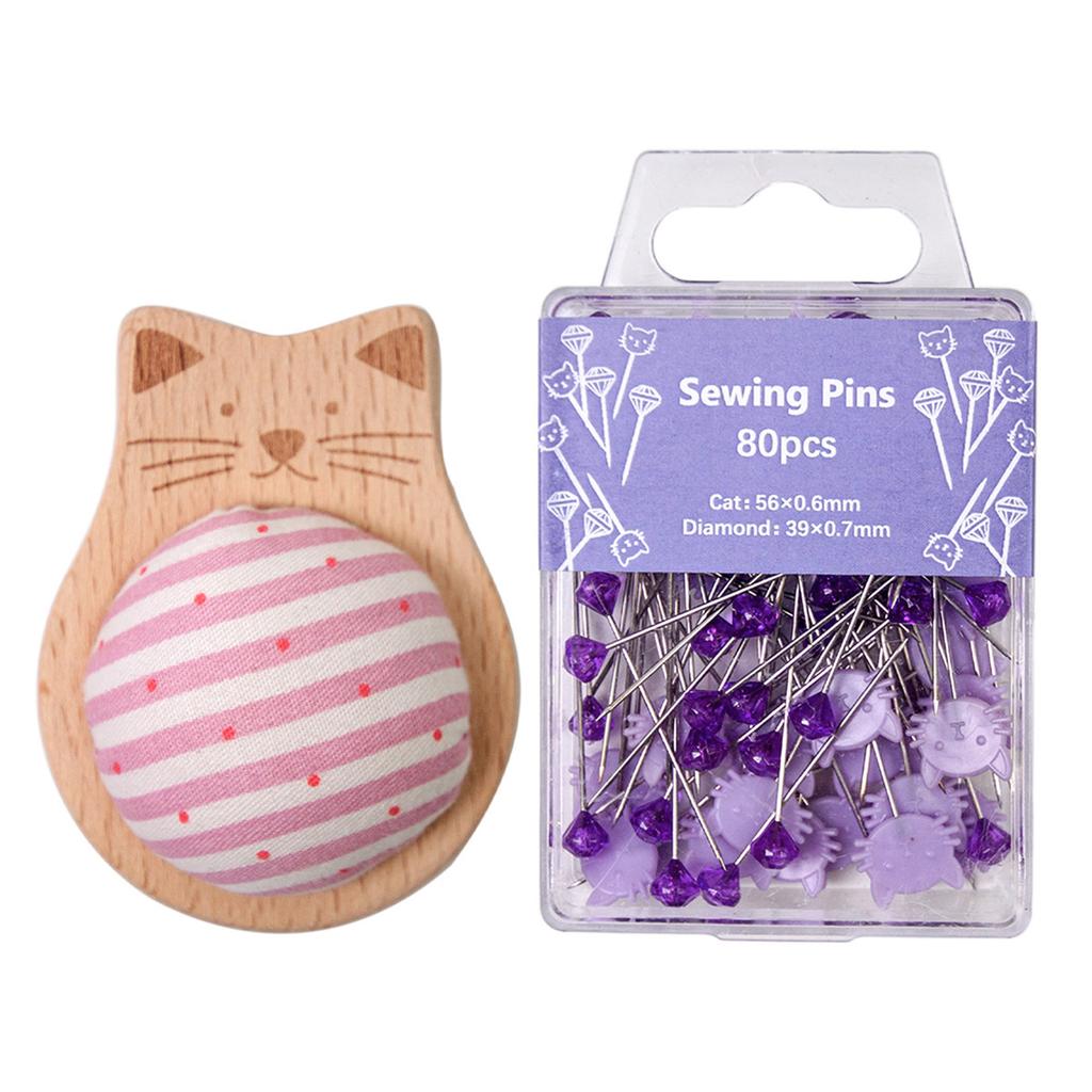 Wood Pin Cushion with 80 Straight Sewing Pin for Dressmaking Needlework Sewing Quilting Positioning Pin with Pin Holder