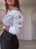 European & American Style Off-the-Shoulder High-Collar Metal Buckle Women's Top