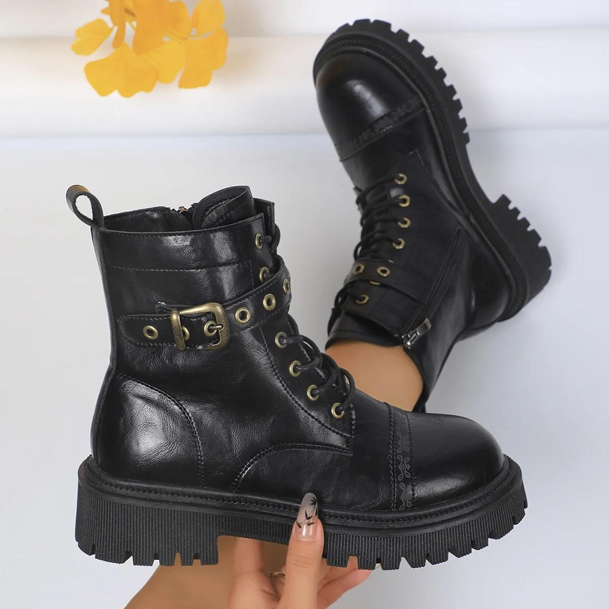 

Боковая молния Грубый каблук Увеличение высоты Комфорт Короткие ботинки Женские Толстая подошва Нескользящие Ботинки-локомотивы Повседневная Зимняя Женская обувь 42 чёрный