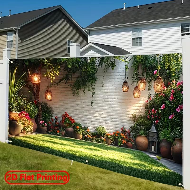 

2D Enchanted Garden Backdrop White Brick Wall, Greenery & Warm Lanterns Photoshoot Background 47.2x31.5inch/120*80cm