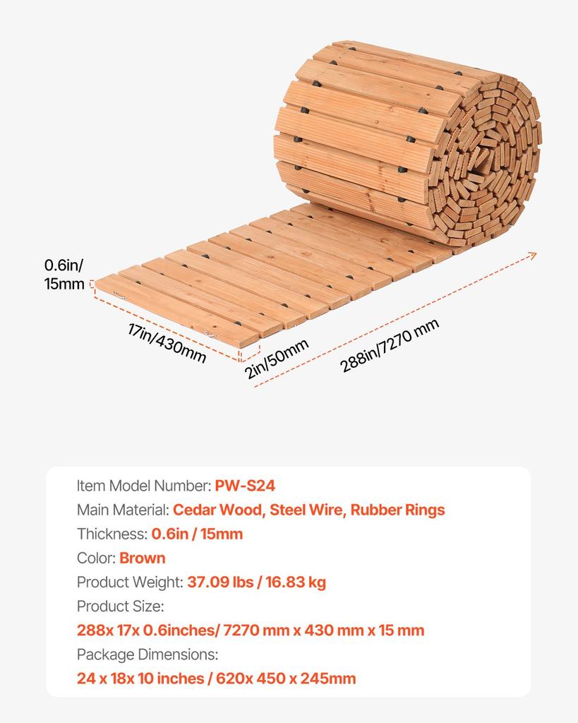 VEVOR Wooden Garden Pathway, 24 Ft L X 17 In W, Non-Slip Straight Garden Walkway, Roll Out Cedar Outdoor Walkway Path with Wire Rope Connection