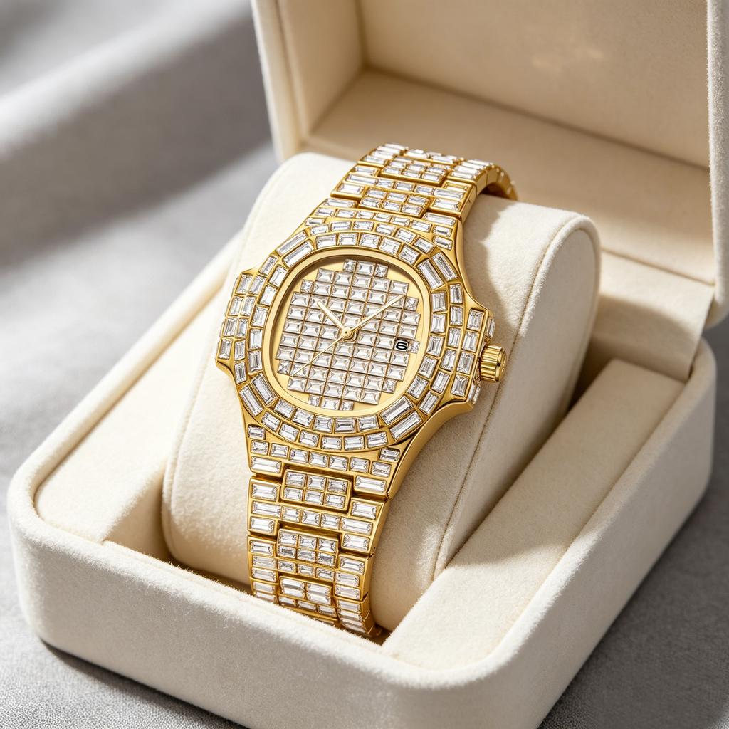 Men's Quartz Watch, with Star-Shaped Diamonds Set, Luxurious Business Calendar with Night Light and Water Resistance. A Great Gi