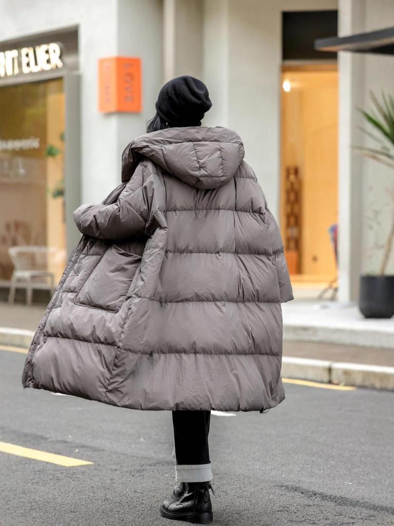 Casaco de Penas Feminino de Comprimento Médio com Capuz: Estilo Coreano, Corte Amplo, Versátil, Espessado para Aquecimento