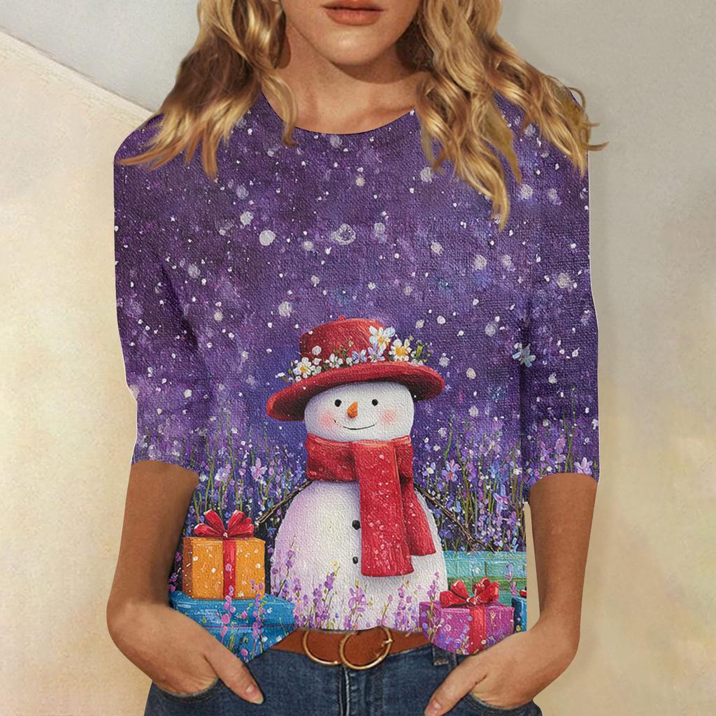 3/4-Ärmel-Shirts für Damen Druck Weihnachts-T-Shirts Blusen Lässig Übergröße Basic-Oberteile Pullover