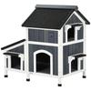 Wooden Cat House with Flower Pot, Windows, Multiple Entrances, Water-Resistant Roof for Outdoor - Grey
