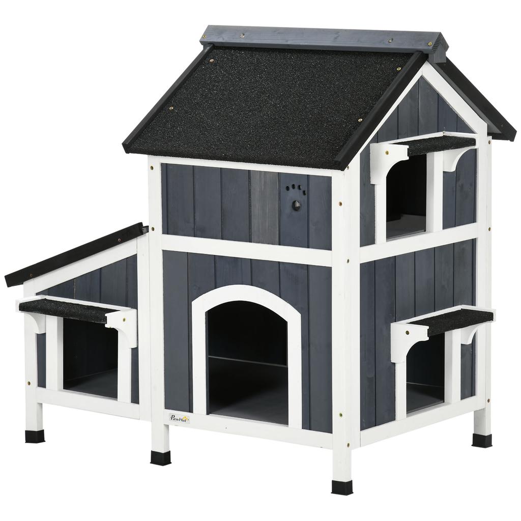 Wooden Cat House with Flower Pot, Windows, Multiple Entrances, Water-Resistant Roof for Outdoor - Grey