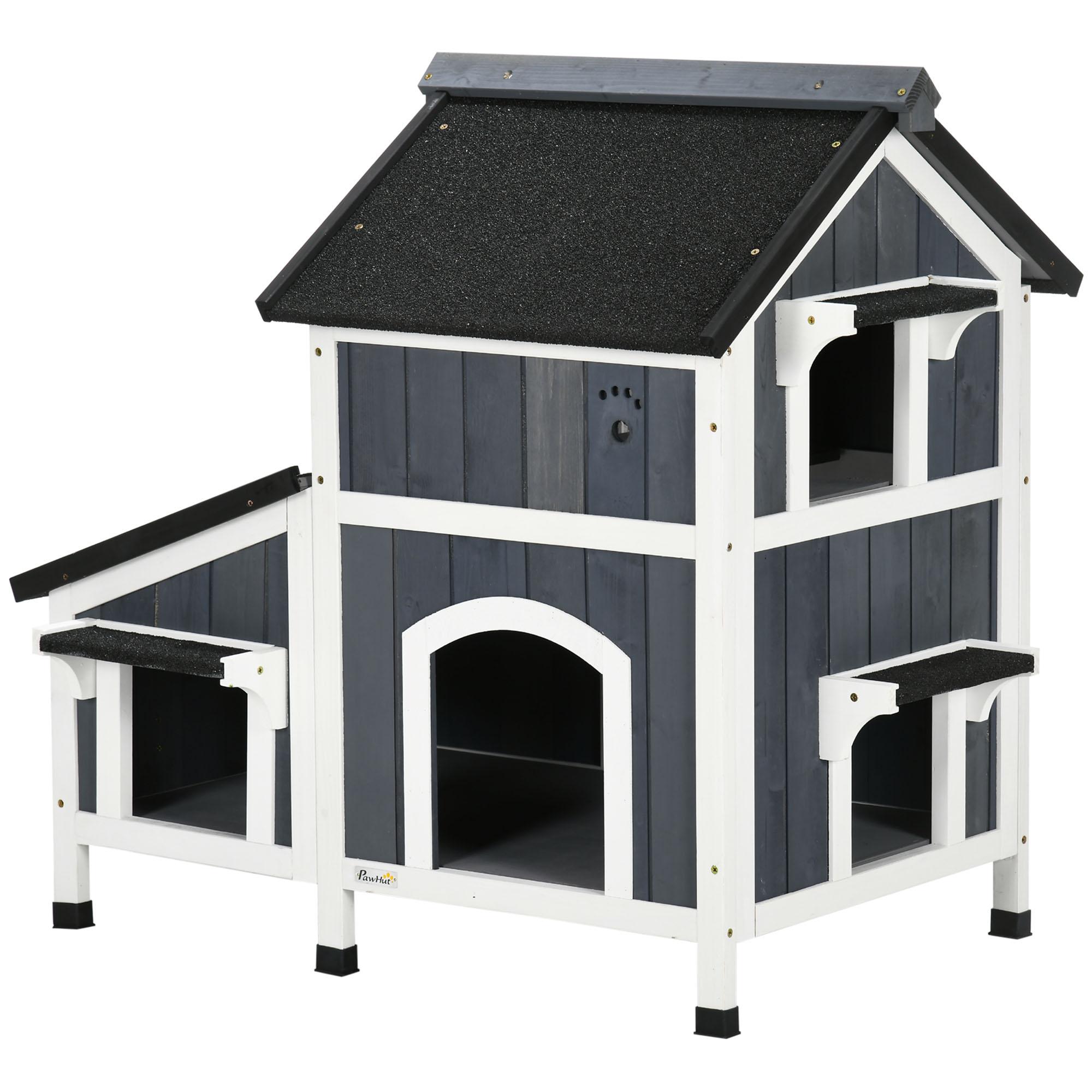 Maisonnette pour Chat en Bois avec Fenêtres Pot de Fleurs Multiples Entrées Toit Résistant à l'Eau pour Extérieur Gris