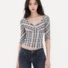 Black White Plaid V-neck Blouse Women's Short Sleeve Slim Crop Top Casual Fashion