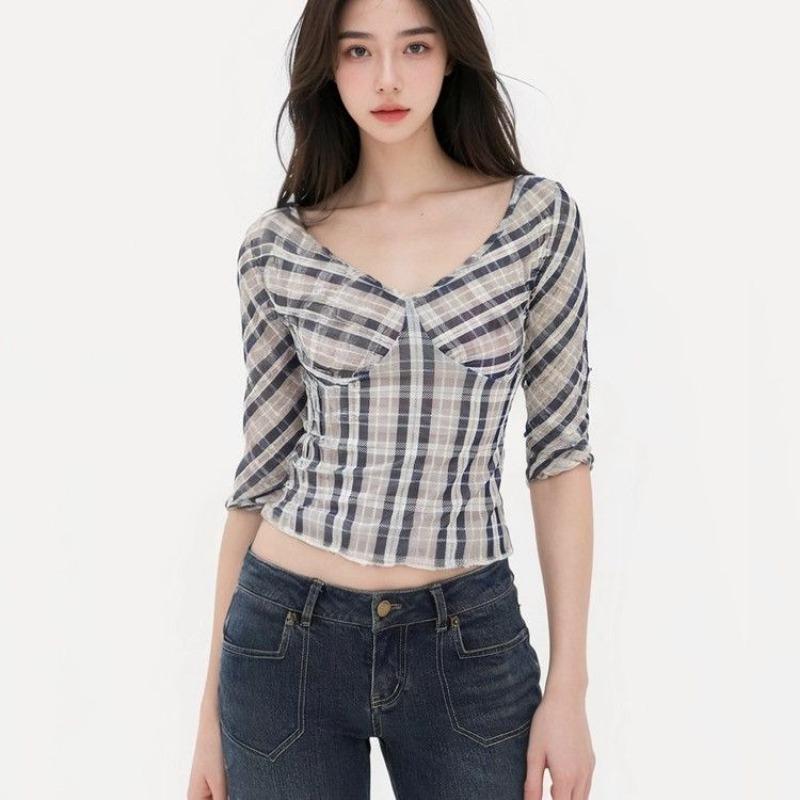 

Черно-белая клетчатая блузка с V-образным вырезом, женский топ с коротким рукавом, облегающий укороченный топ, повседневная мода S