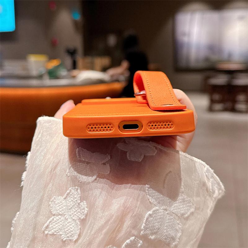 Leather Texture Wristband Holder Phone Case for iPhone 17 Air 16E 15 14 Plus 13 12 11 Pro Max Plain Color Matte Shockproof Cover