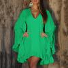 Women V Neck Flared Long Sleeve Mini Dress Solid Color Irregular Ruffle Hem Solid Color Casual Short Vacation Dress