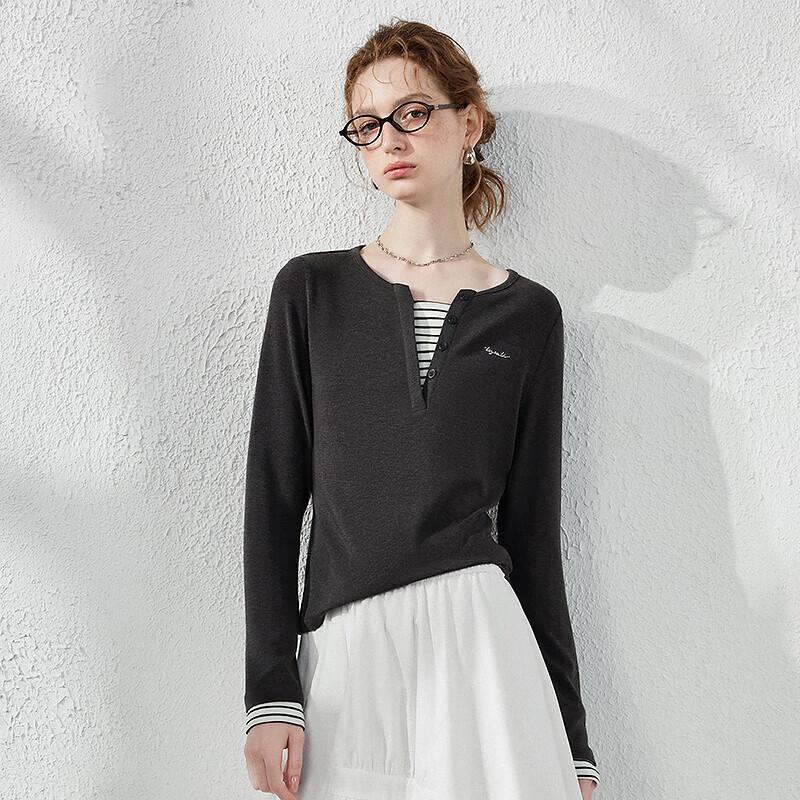 Chuyu Damen Faux Zweiteiler Gestreiftes Langarm-T-Shirt