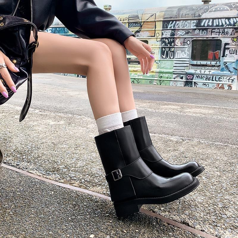 Cowhide~ Leather Belt Buckle Straight Boots Small Thick-soled British Martin Boots Western Boots Short Boots Women's Knight Boots