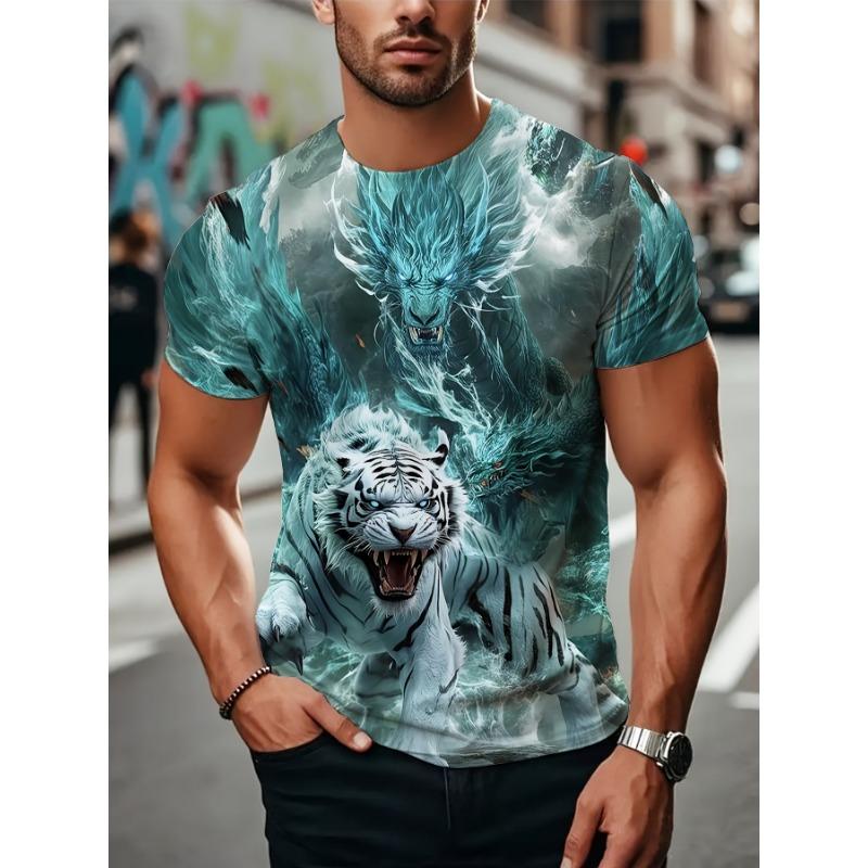 Men s Summer 3D Digital Printed T-Shirt - White Tiger & Azure Dragon Patterns, S