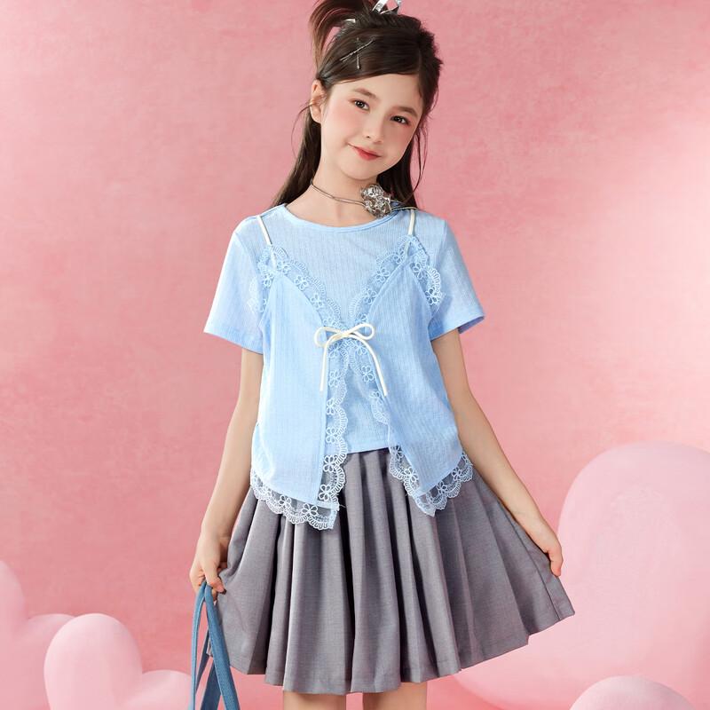 Xiaohu Patty Girls Lace Faux Two-Piece T-Shirt & Skirt Set 160 синий